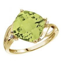 14K Yellow Gold 10 mm Cushion Peridot and Diamond Ring