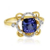 14K Yellow Gold 7mm Cushion Tanzanite and Diamond Fashion Ring