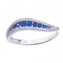 14K White Gold Precious Round Sapphire and Diamond Wave Fashion Ring