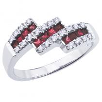 14K White Gold Princess Ruby and Diamond Triple Bypass Fashion Ring