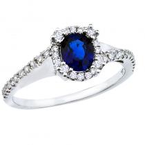 14K White Gold 6x5 Oval 1 Ct Sapphire and Diamond Halo Precious Ring