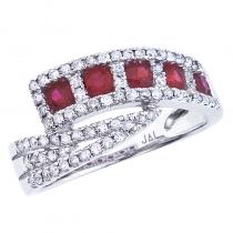 14K White Gold Princess Ruby and Diamond Precious Bypass Fashion Ring