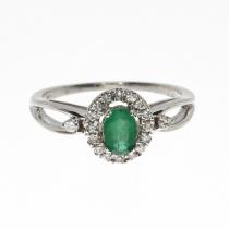 14K White Gold 6x4 mm Oval Emerald and Diamond Halo Precious Ring