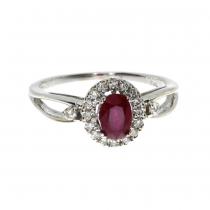 14K White Gold 6x4 mm Oval Ruby and Diamond Halo Precious Ring