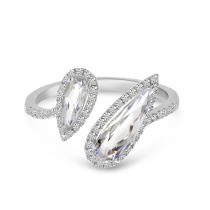 14K White Gold Offset Duo Semi Precious Pear White Topaz & Diamond Ring