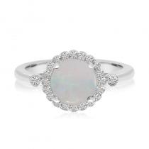 14K White Gold Round Opal and Diamond Halo Ring