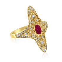 14K Yellow Gold Oval Ruby and Diamonds Precious Filigree Ring