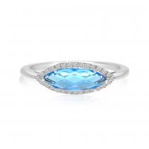 14K White Gold Elongated Marquise Blue Topaz and Diamond Semi Precious Ring