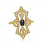 14K Yellow Gold Art Deco Oval Sapphire and Diamond Precious Fashion Ring