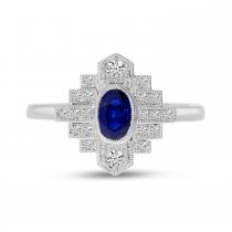 14K White Gold Precious Oval Sapphire and Diamond Art Deco Ring