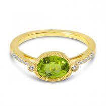 14K Yellow Gold Oval East West Peridot and Diamond Millgrain Semi Precious Ring