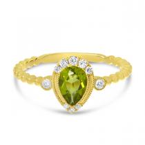 14K Yellow Gold Pear Peridot and Diamond Beaded Band Semi Precious Ring