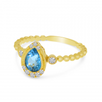 14K Yellow Gold Pear Blue Topaz and Diamond Beaded Band Semi Precious Ring