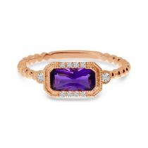 14K Rose Gold Octagon Amethyst and Diamond Semi Precious Beaded Band Ring