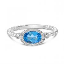 14K White Gold Oval Blue Topaz and Diamond Beaded Band Semi Precious Ring