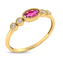 14K Yellow Gold Oval Pink Tourmaline and Diamond Stackable Ring