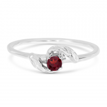 10K White Gold 3mm Round Garnet Birthstone Leaf Ring