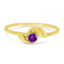 14K Yellow Gold 3mm Round Amethyst Birthstone Leaf Ring