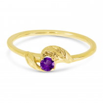 14K Yellow Gold 3mm Round Amethyst Birthstone Leaf Ring