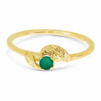 14K Yellow Gold 3mm Round Emerald Birthstone Leaf Ring