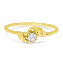 14K Yellow Gold 3mm Round Pearl Birthstone Leaf Ring