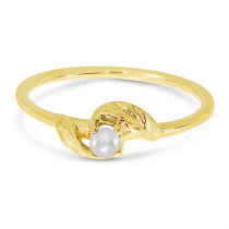 14K Yellow Gold 3mm Round Pearl Birthstone Leaf Ring