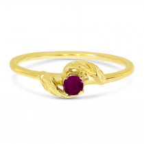 14K Yellow Gold 3mm Round Ruby Birthstone Leaf Ring