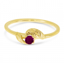 14K Yellow Gold 3mm Round Ruby Birthstone Leaf Ring
