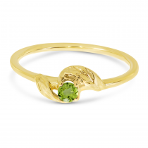 14K Yellow Gold 3mm Round Peridot Birthstone Leaf Ring