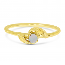14K Yellow Gold 3mm Round Opal Birthstone Leaf Ring