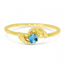 14K Yellow Gold 3mm Round Blue Topaz Birthstone Leaf Ring