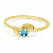 14K Yellow Gold 3mm Round Blue Topaz Birthstone Leaf Ring