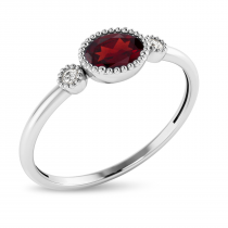 10K White Gold Oval Garnet Millgrain Birthstone Ring