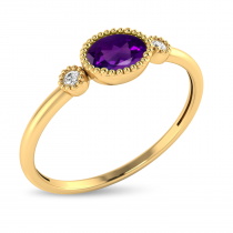 14K Yellow Gold Oval Amethyst Millgrain Birthstone Ring