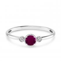 10K White Gold 4mm Round Ruby and Diamond Millgrain Birthstone Ring