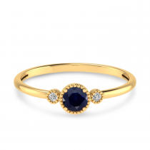 14K Yellow Gold 4mm Round Sapphire Millgrain Birthstone Ring