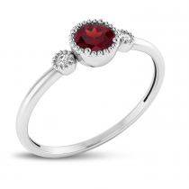 14K White Gold 4mm Round Garnet Millgrain Birthstone Ring