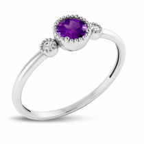 14K White Gold 4mm Round Amethyst Millgrain Birthstone Ring