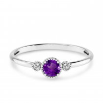 14K White Gold 4mm Round Amethyst Millgrain Birthstone Ring