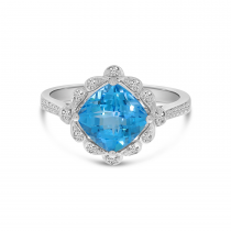 14K White Gold Cushion Blue Topaz Flower Ring