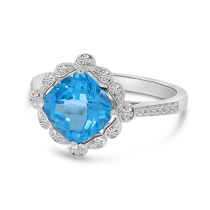 14K White Gold Cushion Blue Topaz Flower Ring