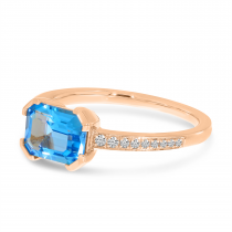 14K Rose Gold Blue Topaz Semi Emerald-Cut Pave Ring