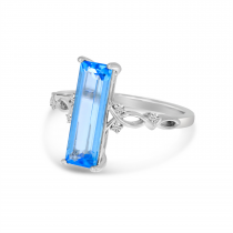 14K White Gold Long Blue Topaz Semi Baguette Ring