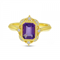 14K Yellow Gold Emerald Cut Amethyst Semi Millgrain Halo Ring