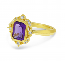 14K Yellow Gold Emerald Cut Amethyst Semi Millgrain Halo Ring