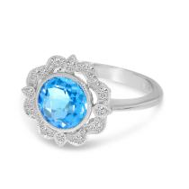 14K White Gold Round Blue Topaz Millgrain Diamond Ring