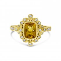 14K Yellow Gold Citrine Cushion Ornate Diamond Millgrain Ring