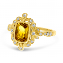 14K Yellow Gold Citrine Cushion Ornate Diamond Millgrain Ring
