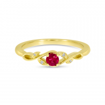 14K Yellow Gold Round Ruby Millgrain Leaf Ring