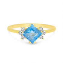 14K Yellow Gold Blue Topaz Princess Cut & Diamond Ring